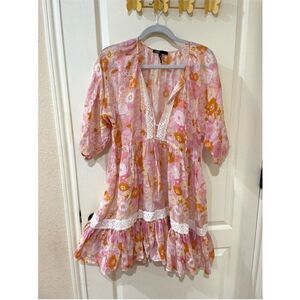Maje Pink and Orange Ruffled Tiered Sundress